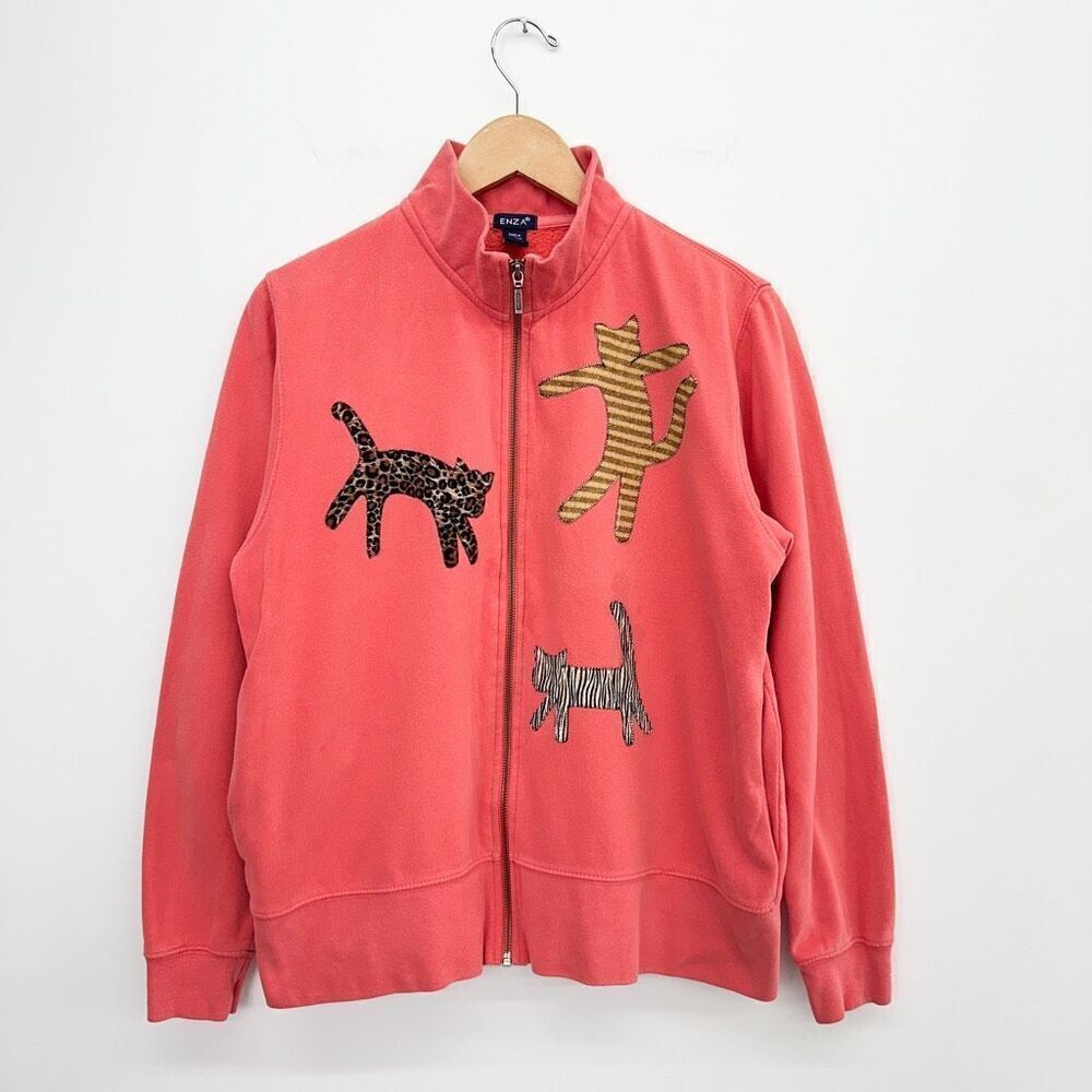 Enza Women’s Pink Full Zip Embroidered Mixed Pattern Cat Sweater Jacket